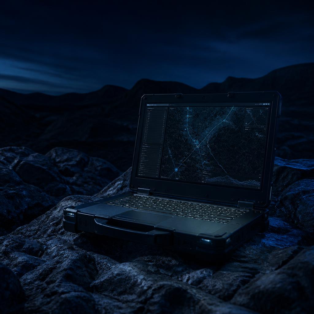 Rugged field laptop displaying sensor-map data in a rocky setting at night